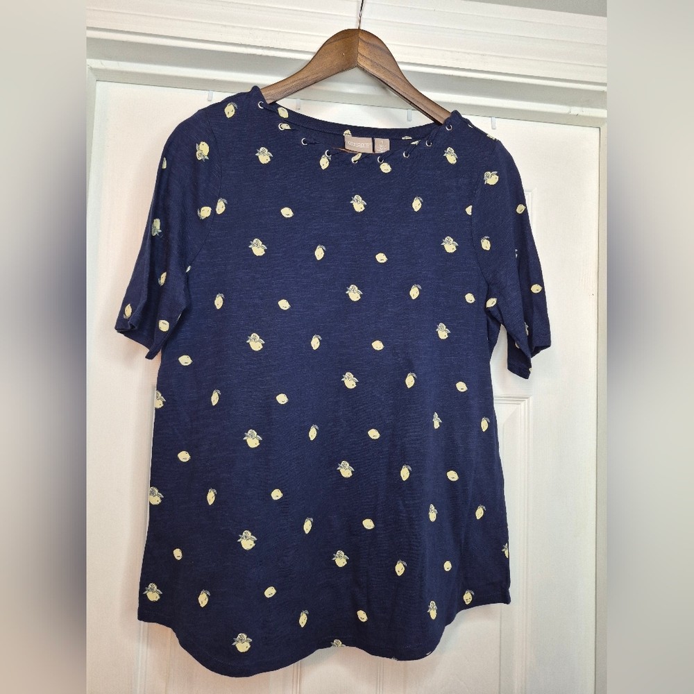 Chico's Navy Blue Lemon Print Women's Top Size Medium